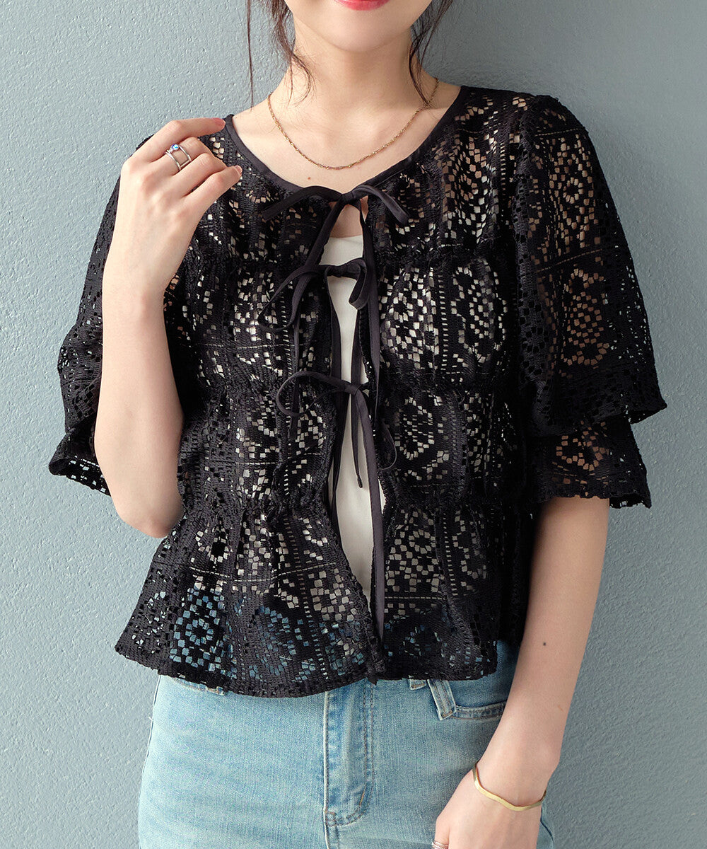 日本JP直送 【2025新品♪】鉤針蕾絲褶皺上衣{11月30截單;預計10-14工作天發貨｝