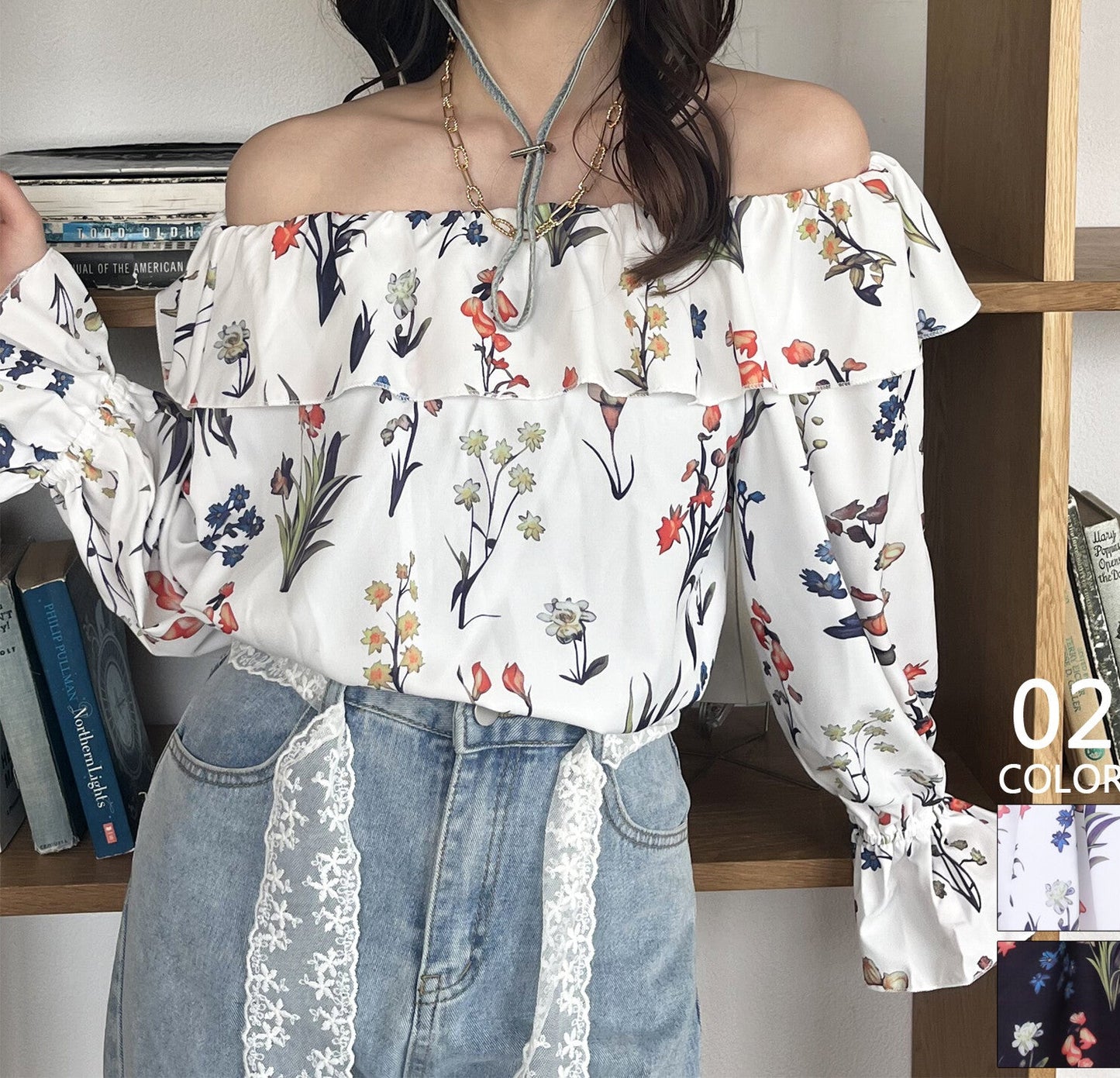 日本JP直送  【2025新品♪】碎花荷葉邊露肩襯衫{11月30截單;預計10-14工作天發貨｝