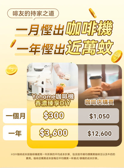 日本Yohome 迷你專業級現磨鮮萃奶泡3合1半自動家庭意式咖啡機 {6月14截單;預計10-14 工作天發貨}