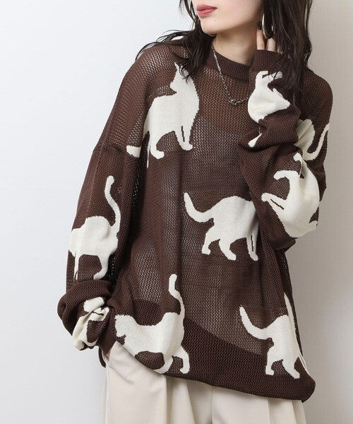 日本JP 直 送   行走貓咪圖案薄紗針織衫{11月30截單;預計10-14工作天發貨｝