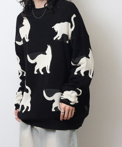 日本JP 直 送   行走貓咪圖案薄紗針織衫{11月30截單;預計10-14工作天發貨｝