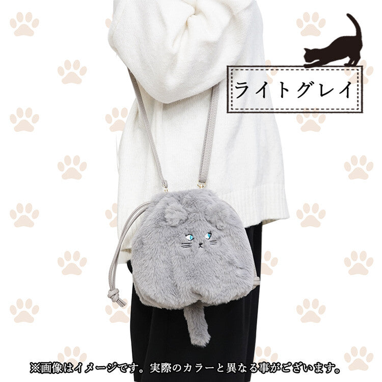 日本JP直送  可愛蓬鬆的黑色貓毛抽繩單肩包，非常適合作為禮物， {3月15截單;預計10-14 工作天發貨}