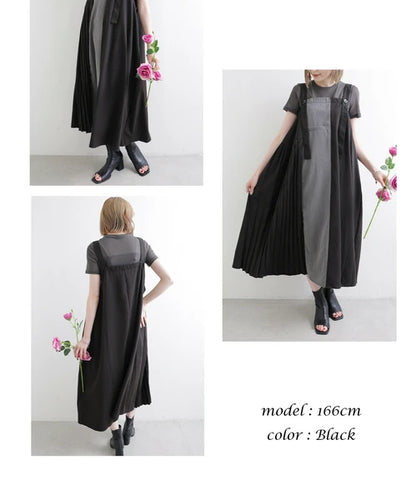 日本JP直送  不對稱色褶襉背帶裙 2025SS 新款{11月30截單;預計10-14工作天發貨｝