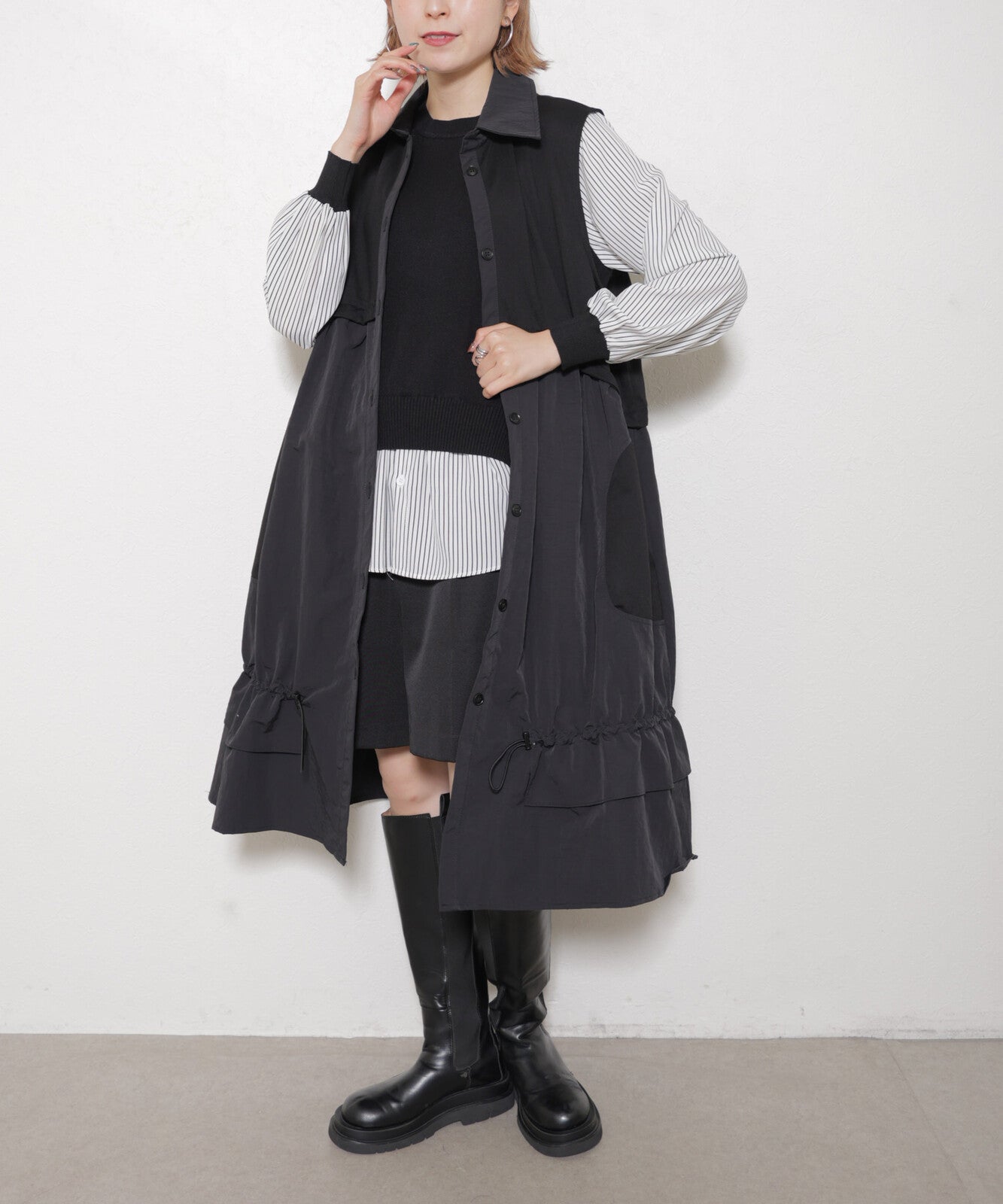 日本JP直送   腰部拱起，對比色布料，抽繩下擺，前開背心，2025 年新款 {11月30截單;預計10-14工作天發貨｝