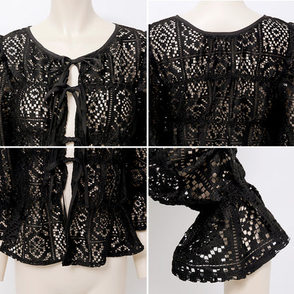 日本JP直送 【2025新品♪】鉤針蕾絲褶皺上衣{11月30截單;預計10-14工作天發貨｝