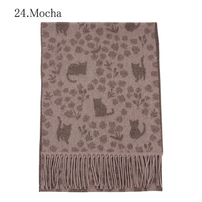 曰本JP直送  日本製 花貓印花窄披肩 發熱保暖防靜電圍巾 {11月30截單;預計10-14工作天發貨｝