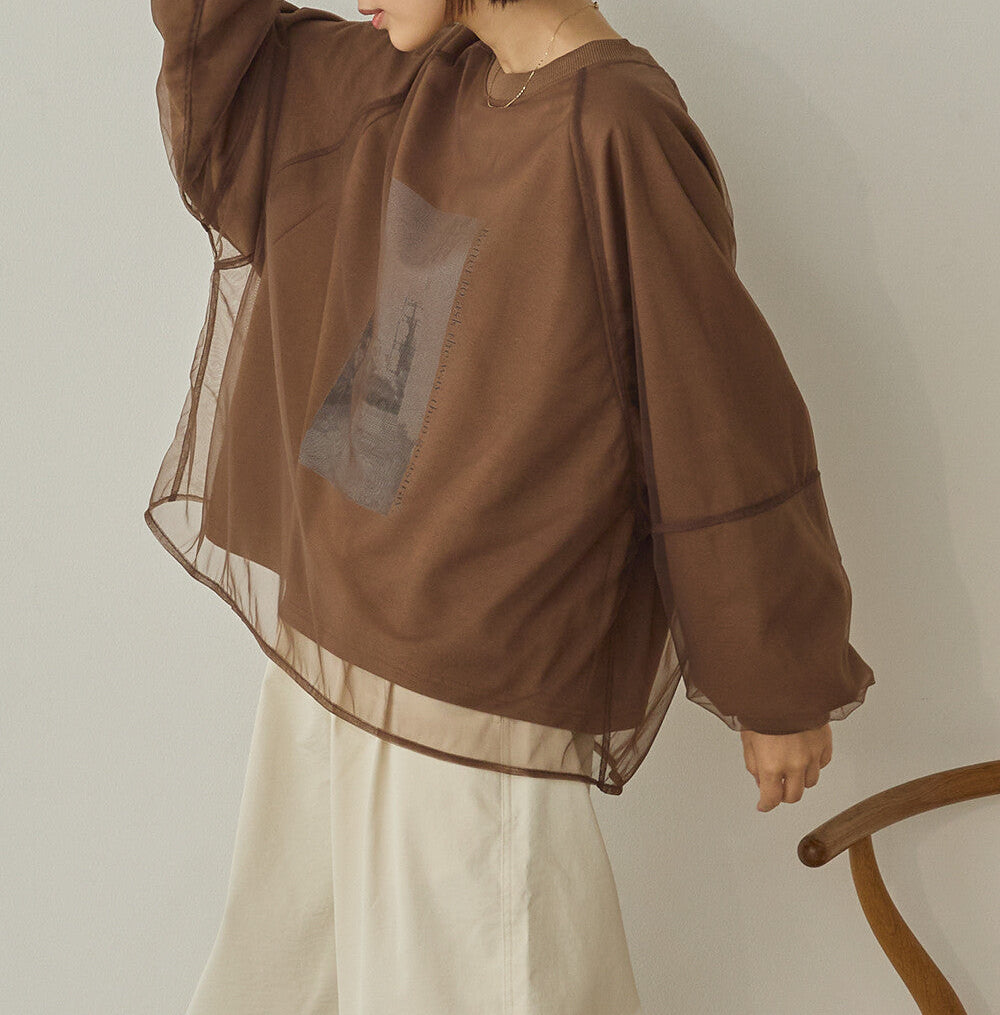 曰本JP直送  紗蕾絲層疊蓬鬆袖印花套頭衫{11月30截單;預計10-14工作天發貨｝