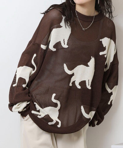 日本JP 直 送   行走貓咪圖案薄紗針織衫{11月30截單;預計10-14工作天發貨｝