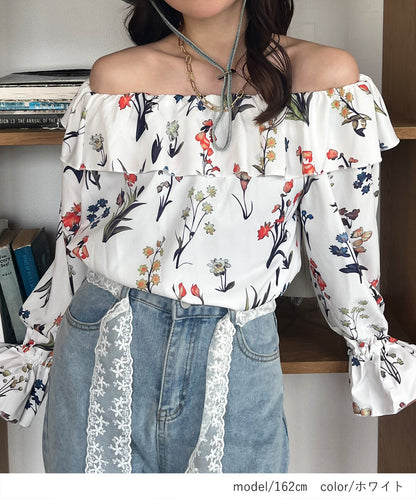 日本JP直送  【2025新品♪】碎花荷葉邊露肩襯衫{11月30截單;預計10-14工作天發貨｝