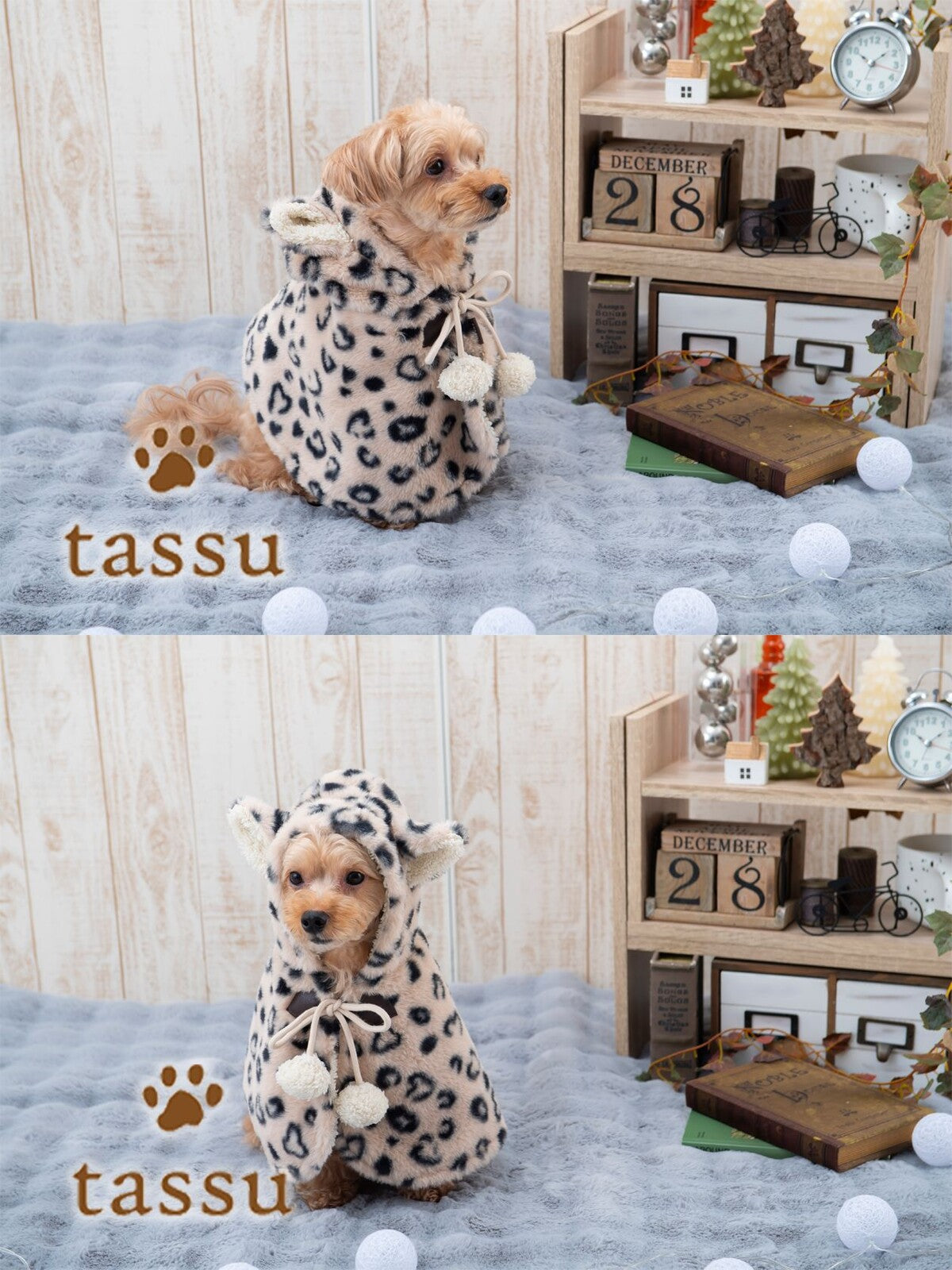 日本JP 直送  有兩種尺寸可選：帶帽斗篷，飾有動物毛皮，Tassu 寵物服飾，2025 年新品   {4月15截單;預計10-14 工作天發貨}
